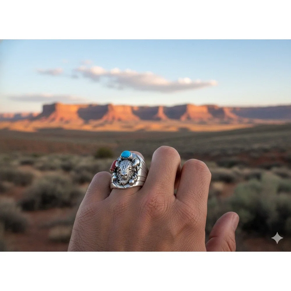 Navajo Men's Buffalo Ring Sterling Silver Turquoise‎ Signed Grace Smith 13 ***